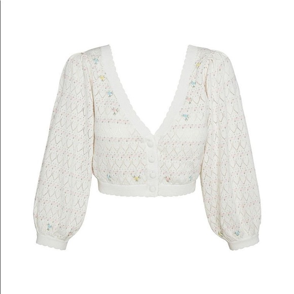 For Love & Lemons White Charleston Crop Balloon Sleeve Cardigan Sweater - Picture 6 of 15